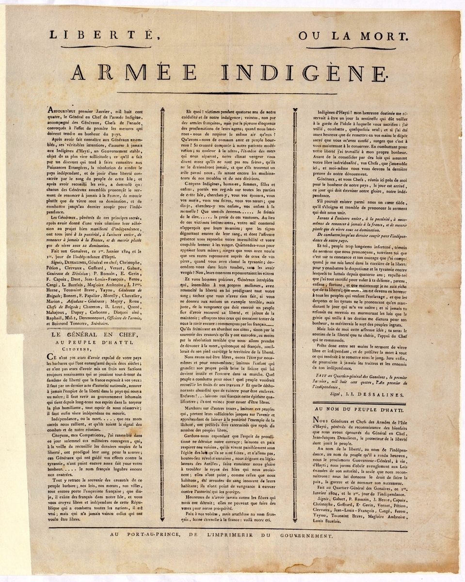 The Haitian Declaration of Independence, proclaimed by Jean-Jacques Dessalines, 1 January 1804. Source: USU Digital Exhibits, exhibits.usu.edu.