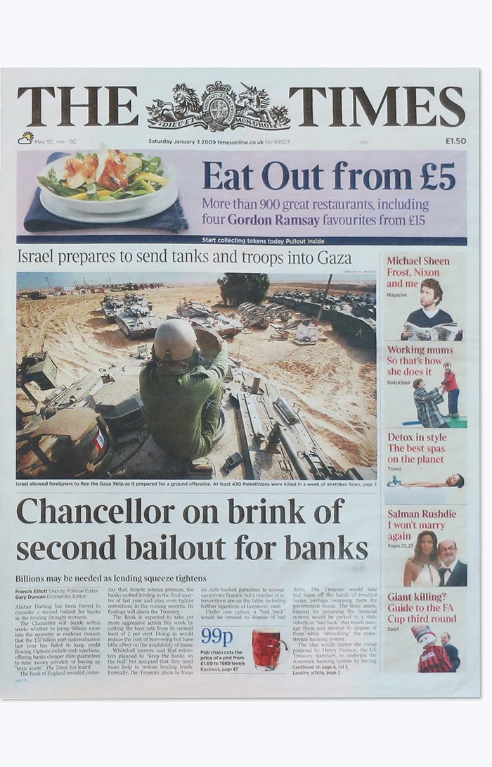 The London Times ran a cover story entitled “Chancellor on Brink of Second Bailout for Banks”. This title was quoted and embedded into the very first transaction in the new Bitcoin blockchain.